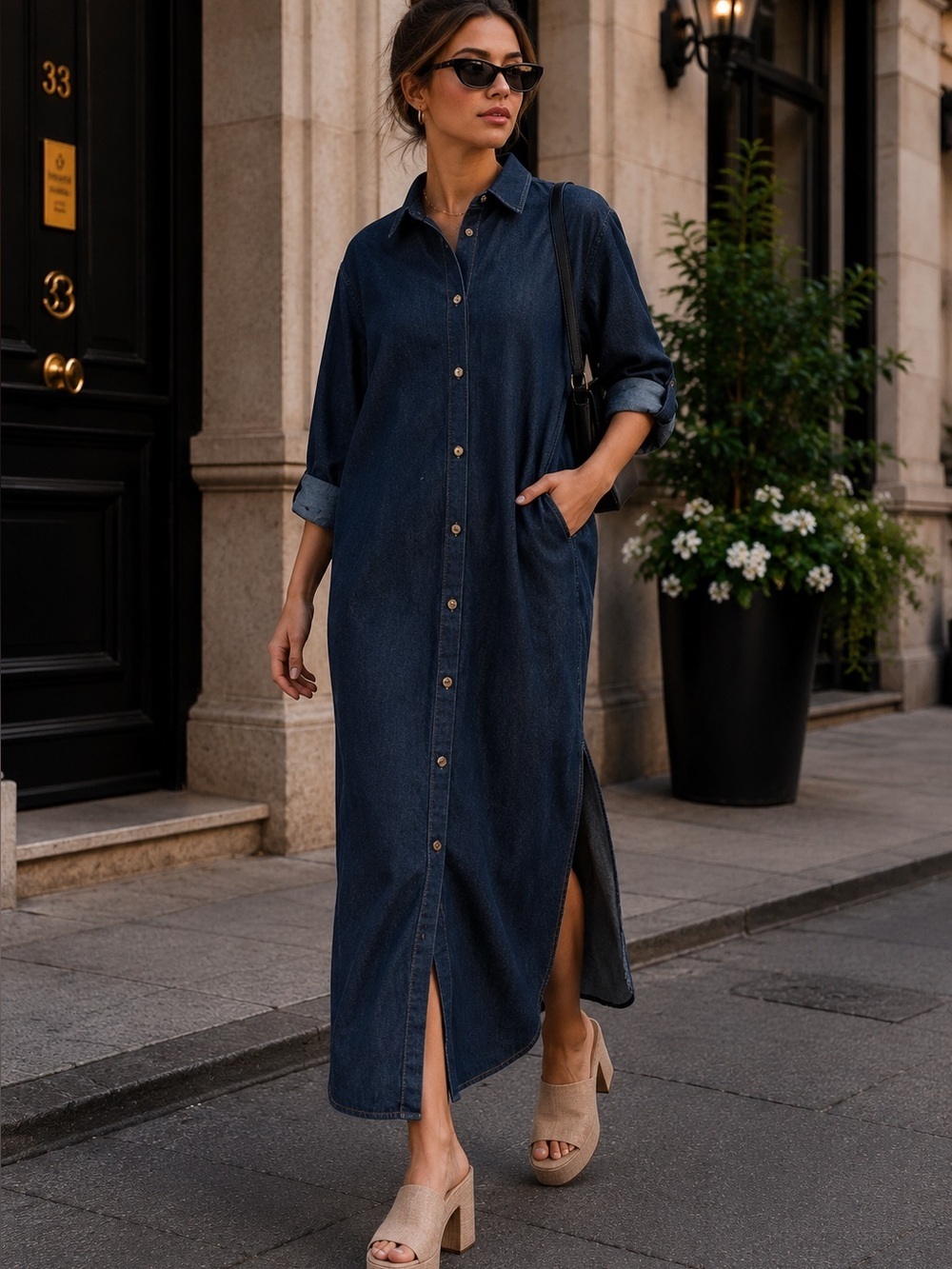 Classic Dark Blue Denim Maxi Shirt Dress - Women's Casual